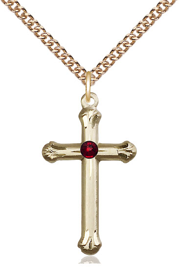 14kt Gold Filled Cross Pendant with a 3mm Garnet Swarovski stone on a 24 inch Gold Filled Heavy Curb chain