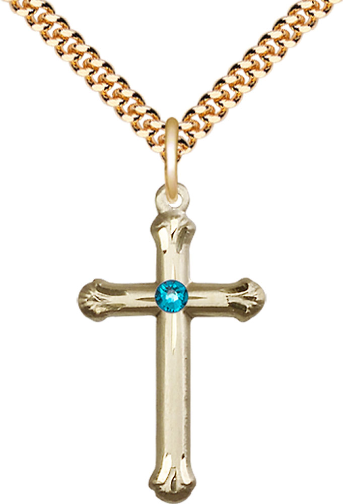 14kt Gold Filled Cross Pendant with a 3mm Zircon Swarovski stone on a 24 inch Gold Plate Heavy Curb chain