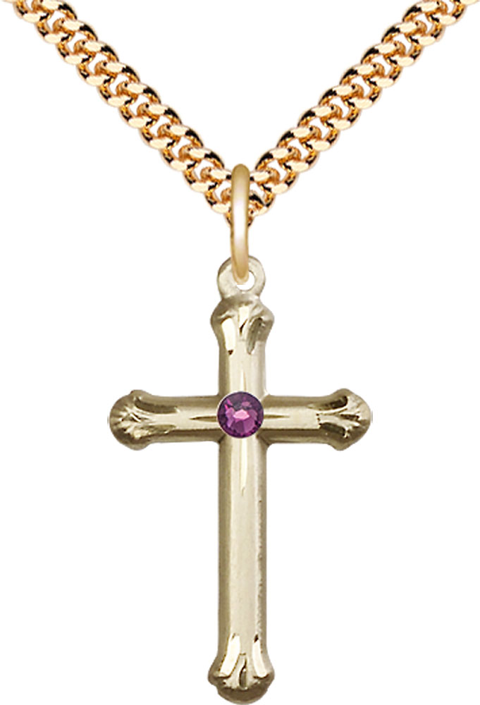 14kt Gold Filled Cross Pendant with a 3mm Amethyst Swarovski stone on a 24 inch Gold Plate Heavy Curb chain