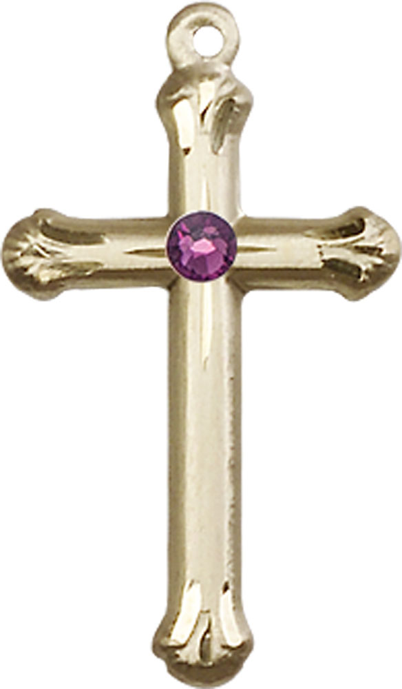 14kt Gold Cross Medal with a 3mm Amethyst Swarovski stone