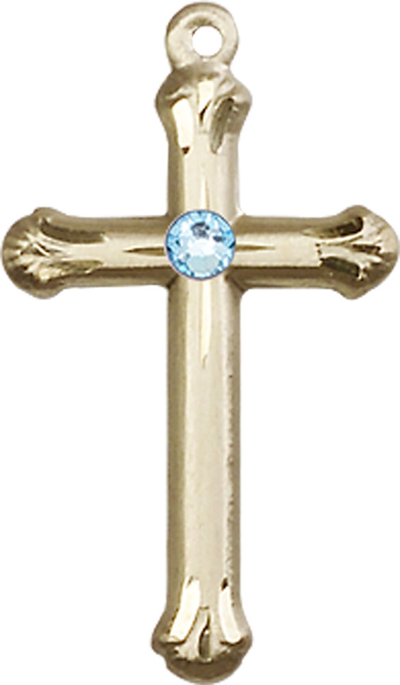 14kt Gold Cross Medal with a 3mm Aqua Swarovski stone