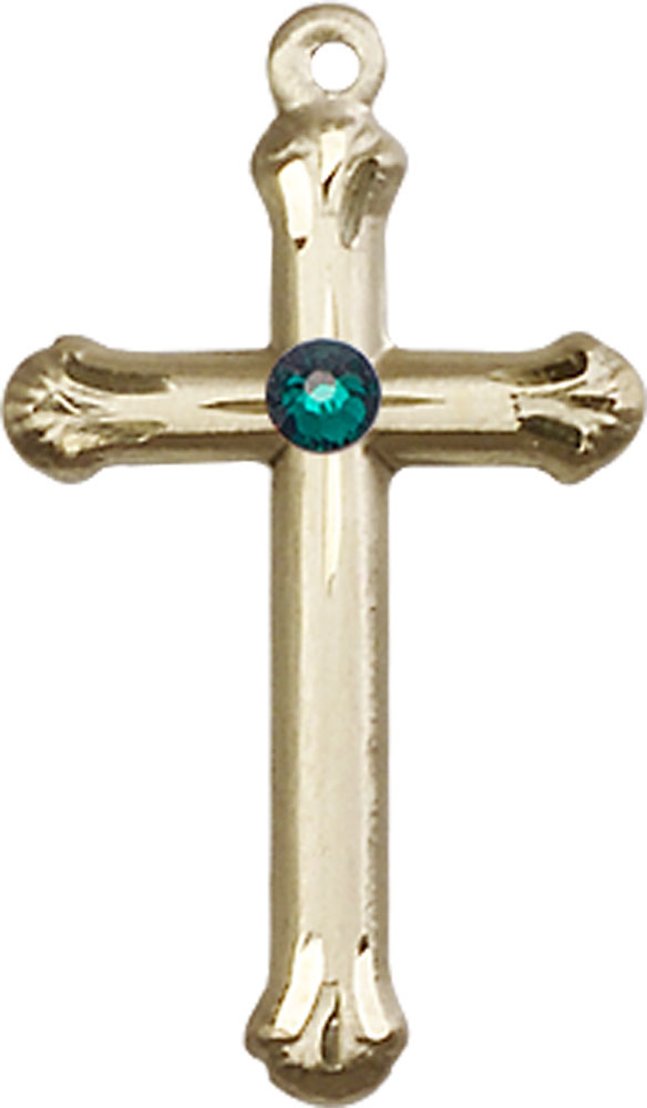 14kt Gold Cross Medal with a 3mm Emerald Swarovski stone