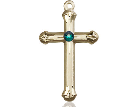 14kt Gold Cross Medal with a 3mm Emerald Swarovski stone