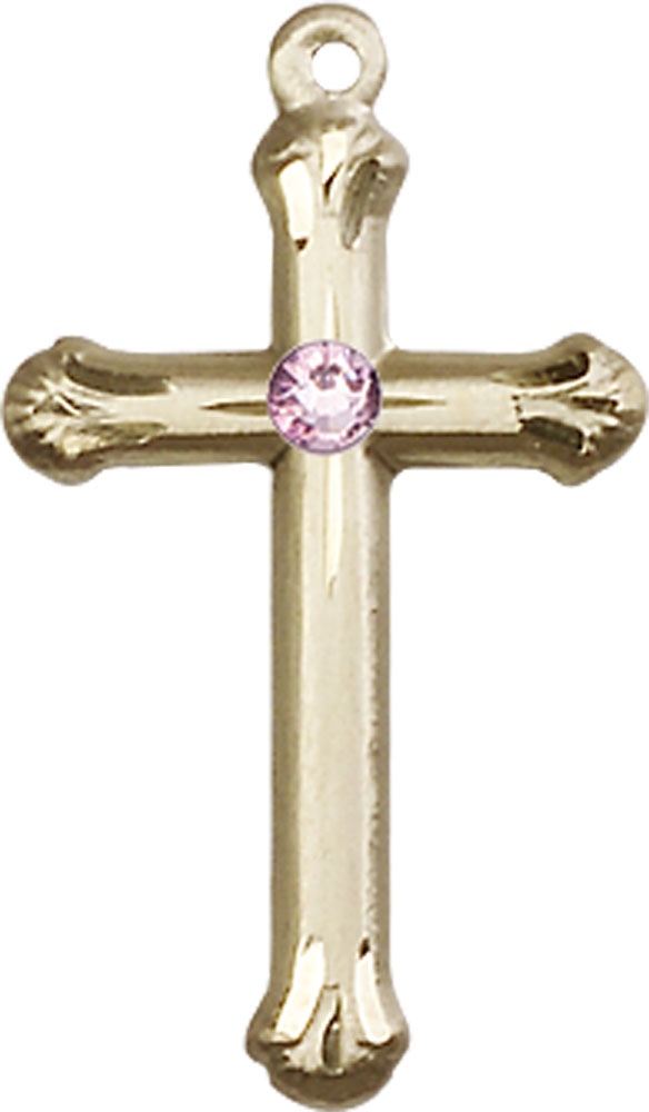 14kt Gold Cross Medal with a 3mm Light Amethyst Swarovski stone