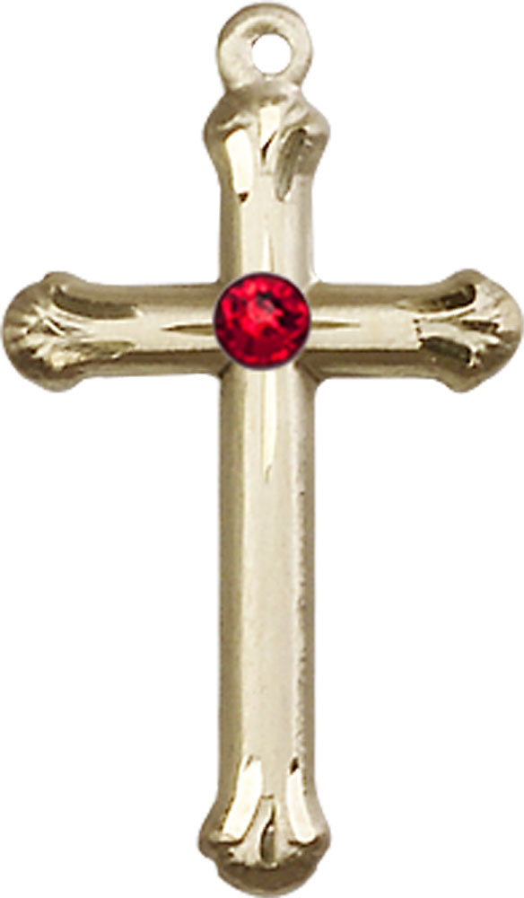 14kt Gold Cross Medal with a 3mm Ruby Swarovski stone