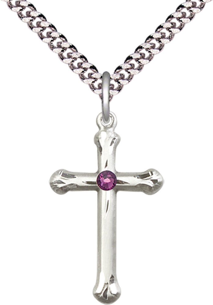 Sterling Silver Cross Pendant with a 3mm Amethyst Swarovski stone on a 24 inch Light Rhodium Heavy Curb chain