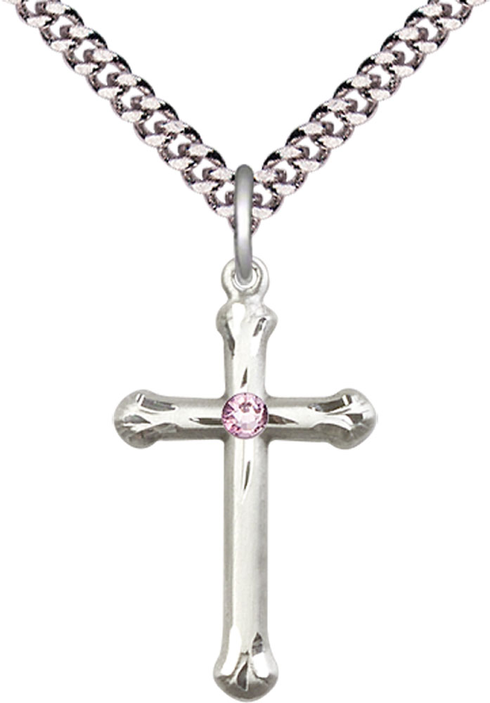 Sterling Silver Cross Pendant with a 3mm Light Amethyst Swarovski stone on a 24 inch Light Rhodium Heavy Curb chain