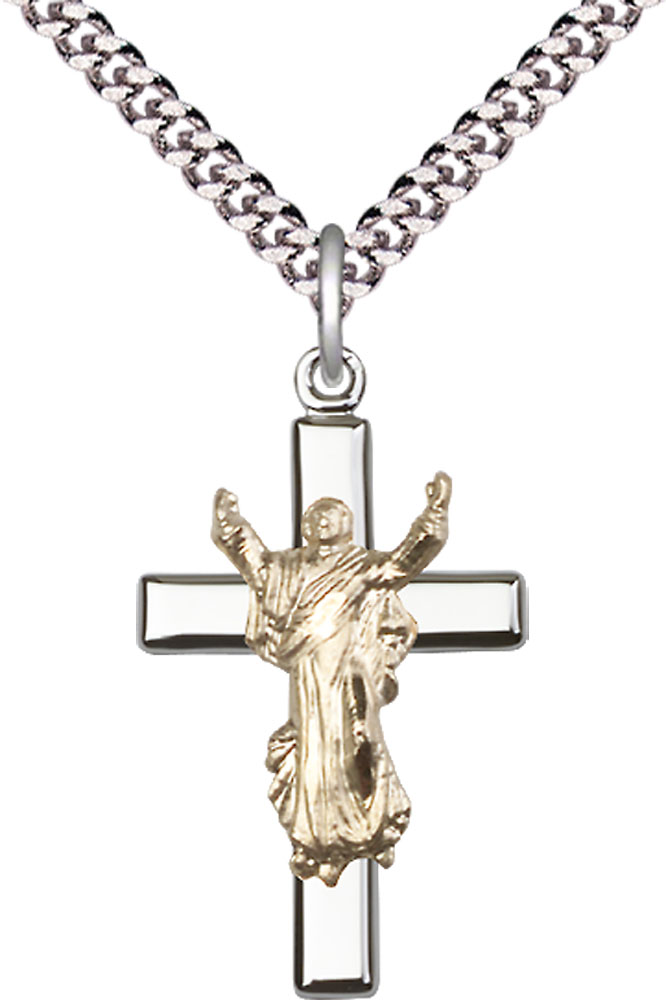 Two-Tone GF/SS Cross Pendant on a 24 inch Light Rhodium Heavy Curb chain