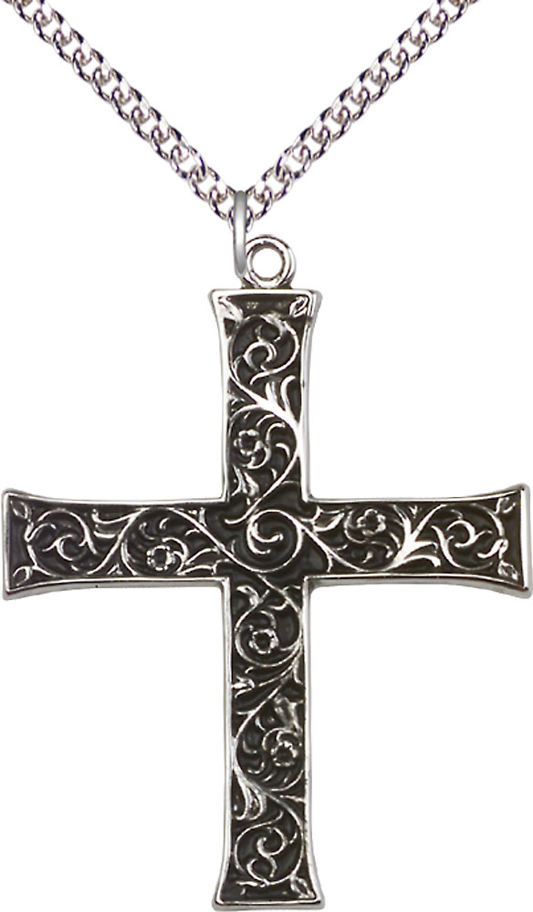 Sterling Silver Cross Pendant on a 24 inch Sterling Silver Heavy Curb chain