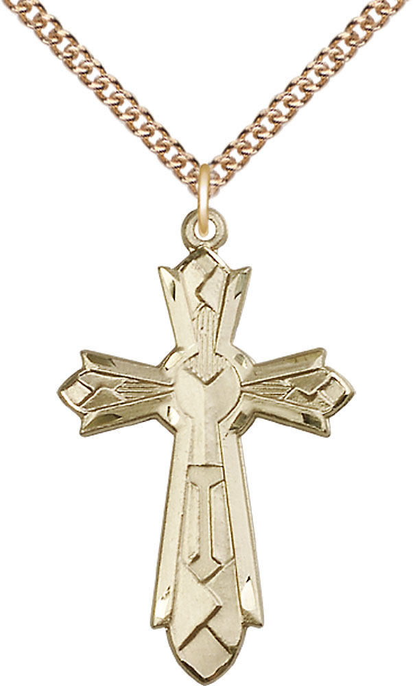 14kt Gold Filled Mosaic Cross Pendant on a 24 inch Gold Filled Heavy Curb chain