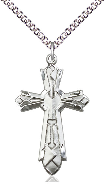 Sterling Silver Mosaic Cross Pendant on a 24 inch Sterling Silver Heavy Curb chain