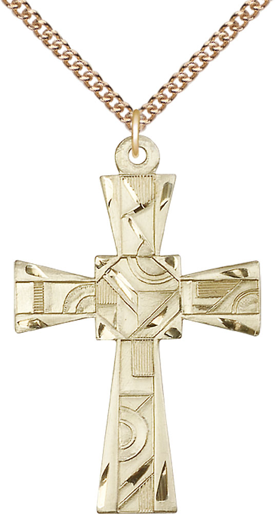 14kt Gold Filled Mosaic Cross Pendant on a 24 inch Gold Filled Heavy Curb chain