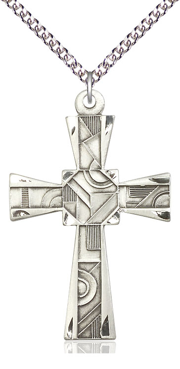 Sterling Silver Mosaic Cross Pendant on a 24 inch Sterling Silver Heavy Curb chain