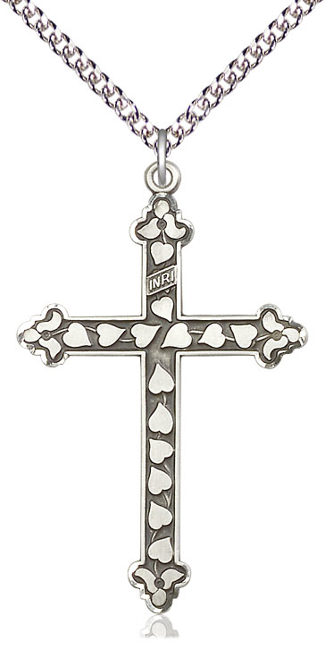 Sterling Silver Heart Cross Pendant on a 24 inch Sterling Silver Heavy Curb chain