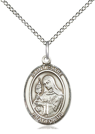 Sterling Silver Saint Clare of Assisi Pendant on a 18 inch Sterling Silver Light Curb chain