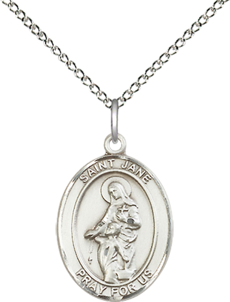 Sterling Silver Saint Jane of Valois Pendant on a 18 inch Sterling Silver Light Curb chain