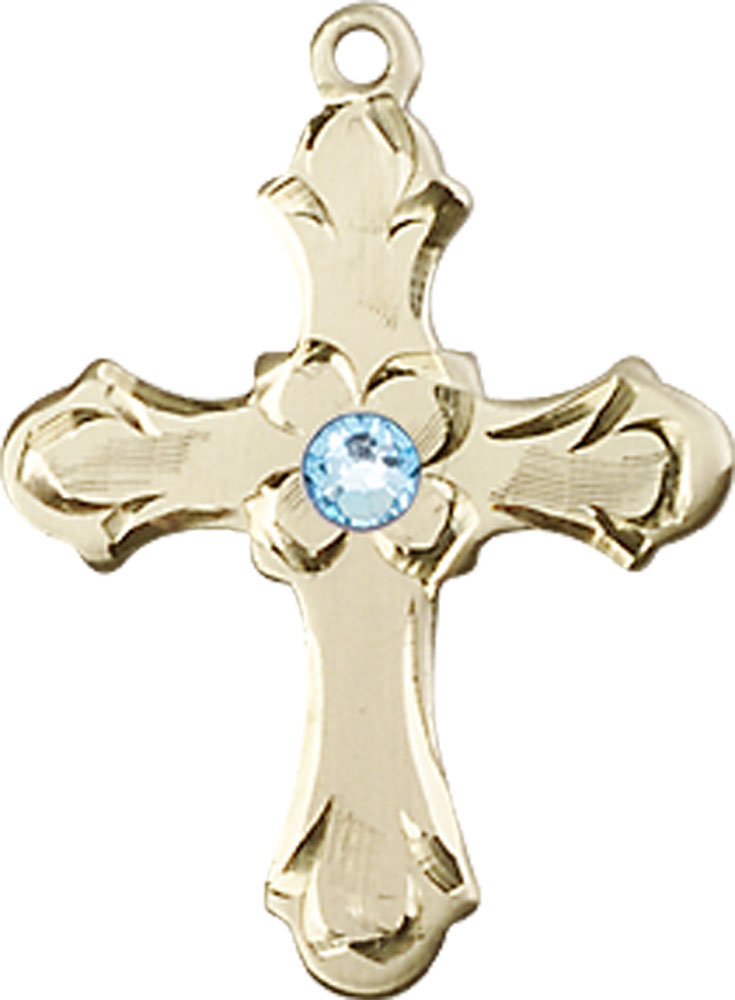 14kt Gold Filled Cross Medal with a 3mm Aqua Swarovski stone