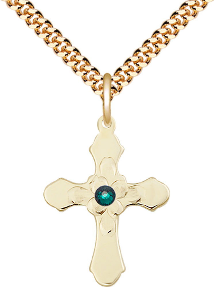 14kt Gold Filled Cross Pendant with a 3mm Emerald Swarovski stone on a 24 inch Gold Plate Heavy Curb chain