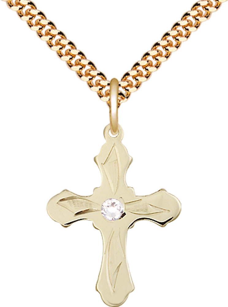 14kt Gold Filled Cross Pendant with a 3mm Crystal Swarovski stone on a 24 inch Gold Plate Heavy Curb chain