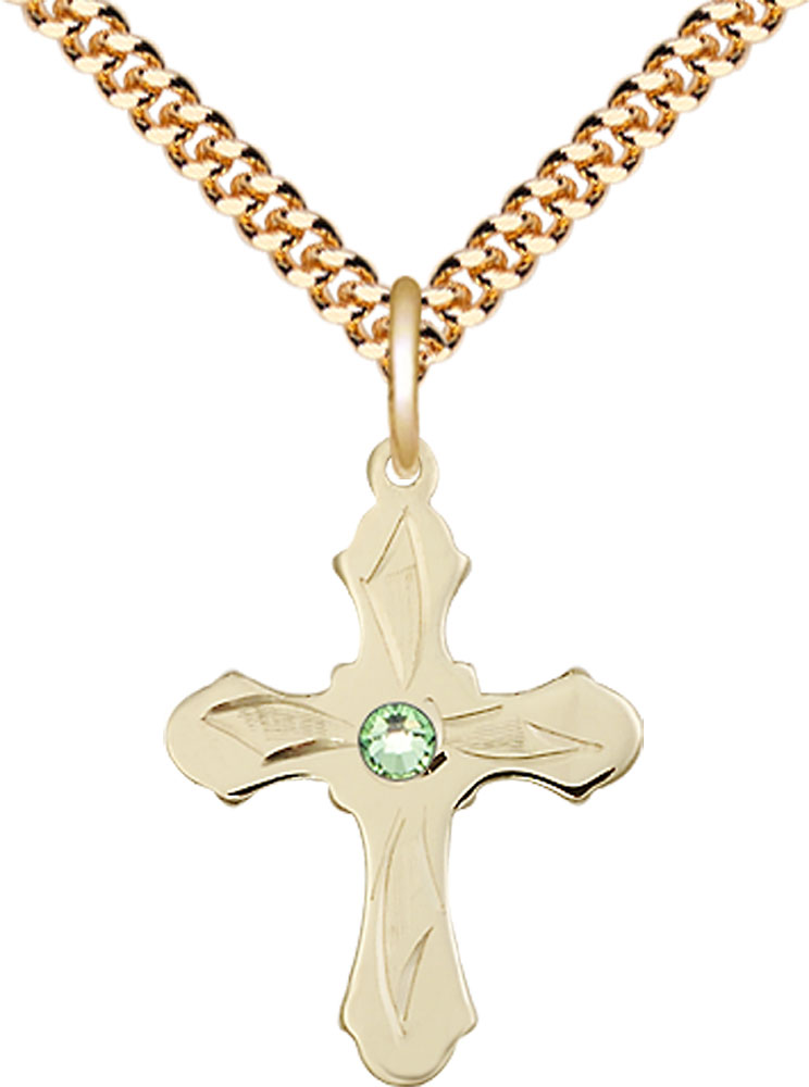 14kt Gold Filled Cross Pendant with a 3mm Peridot Swarovski stone on a 24 inch Gold Plate Heavy Curb chain