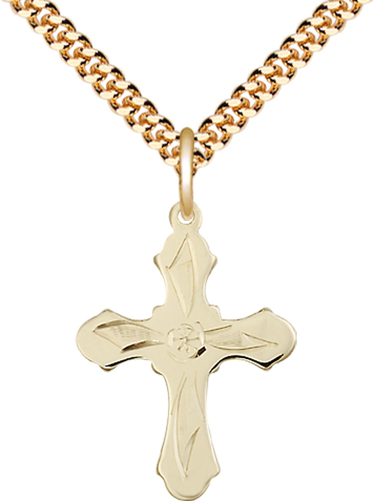 14kt Gold Filled Cross Pendant on a 24 inch Gold Plate Heavy Curb chain