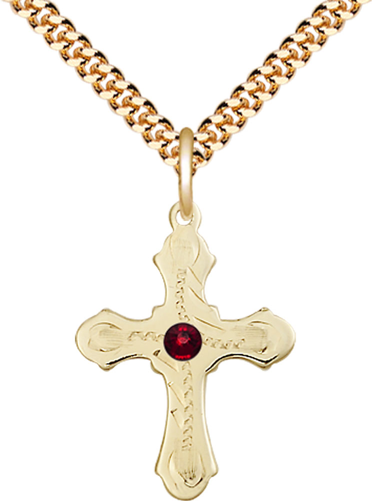 14kt Gold Filled Cross Pendant with a 3mm Garnet Swarovski stone on a 24 inch Gold Plate Heavy Curb chain