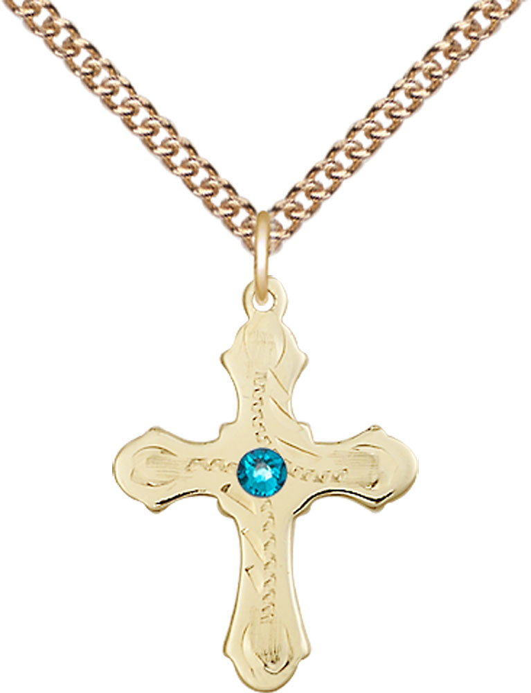 14kt Gold Filled Cross Pendant with a 3mm Zircon Swarovski stone on a 24 inch Gold Filled Heavy Curb chain
