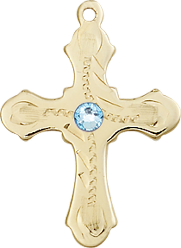 14kt Gold Filled Cross Medal with a 3mm Aqua Swarovski stone