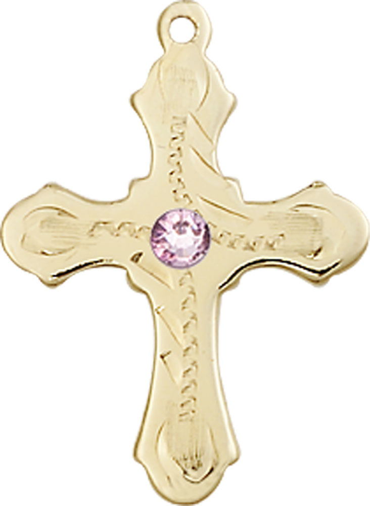 14kt Gold Filled Cross Medal with a 3mm Light Amethyst Swarovski stone