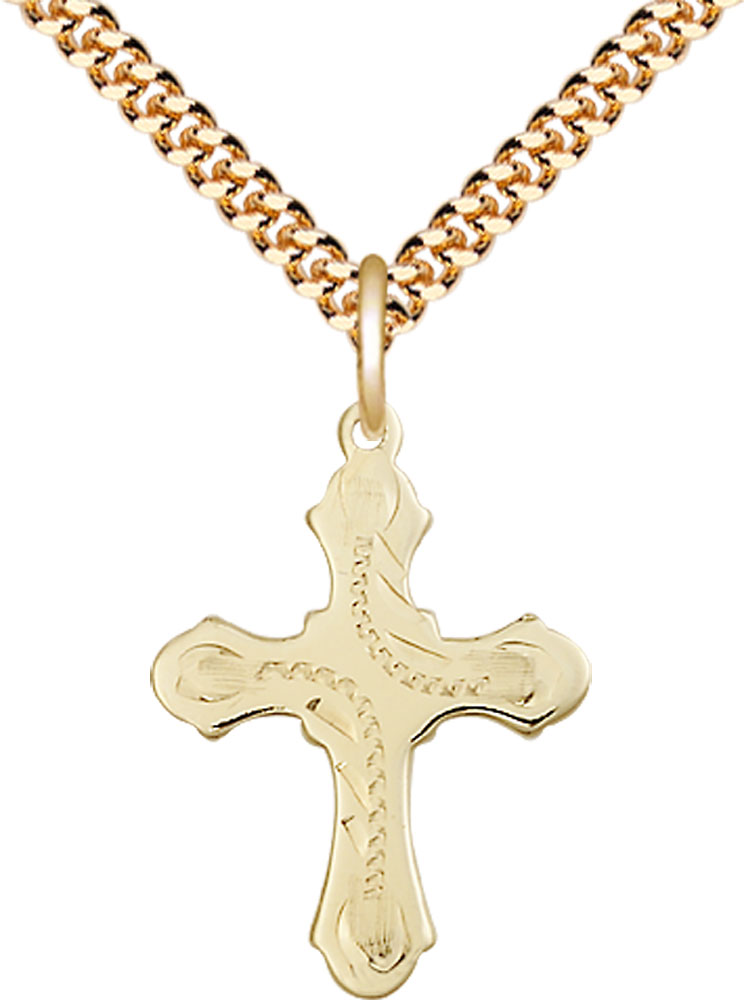 14kt Gold Filled Cross Pendant on a 24 inch Gold Plate Heavy Curb chain