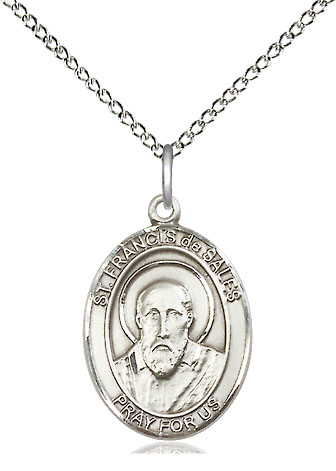 Sterling Silver Saint Francis de Sales Pendant on a 18 inch Sterling Silver Light Curb chain