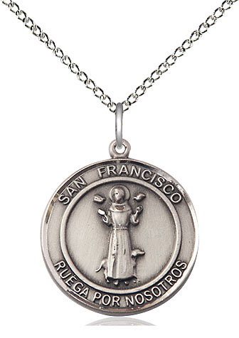 Sterling Silver San Francis of Assisi Pendant on a 18 inch Sterling Silver Light Curb chain
