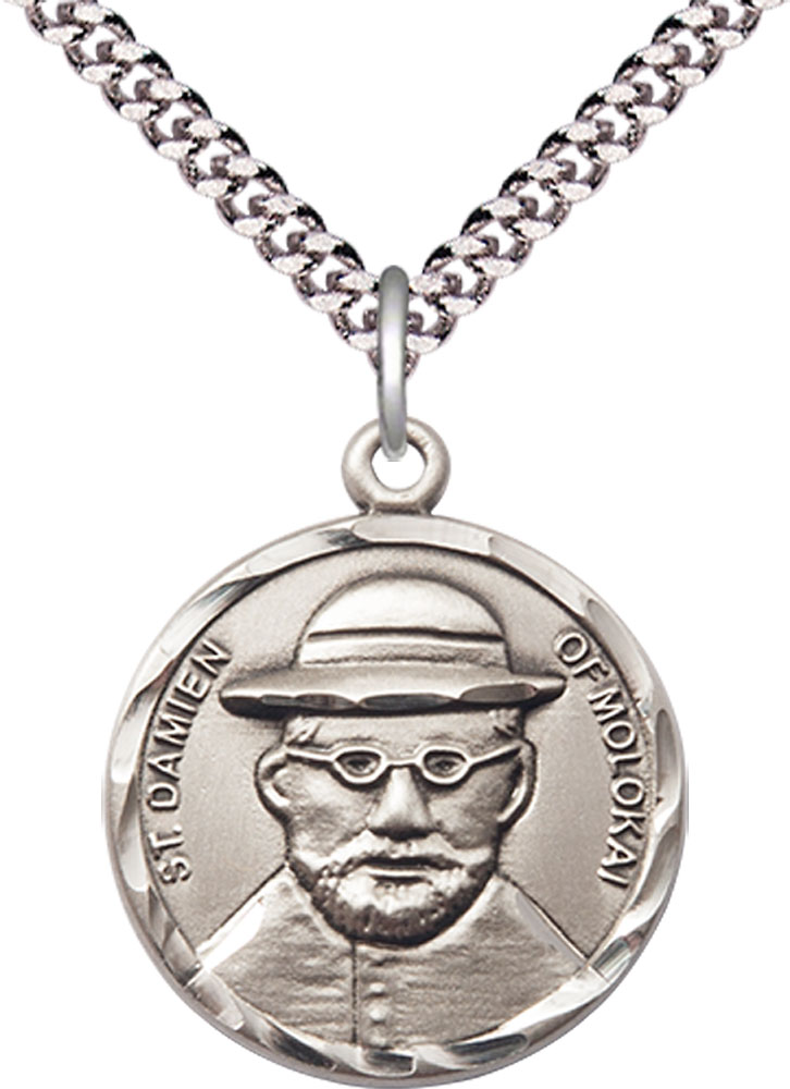 Sterling Silver Saint Damien of Molokai Pendant on a 24 inch Light Rhodium Heavy Curb chain