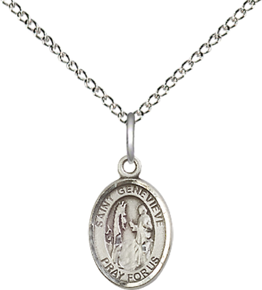 Sterling Silver Saint Genevieve Pendant on a 18 inch Sterling Silver Light Curb chain