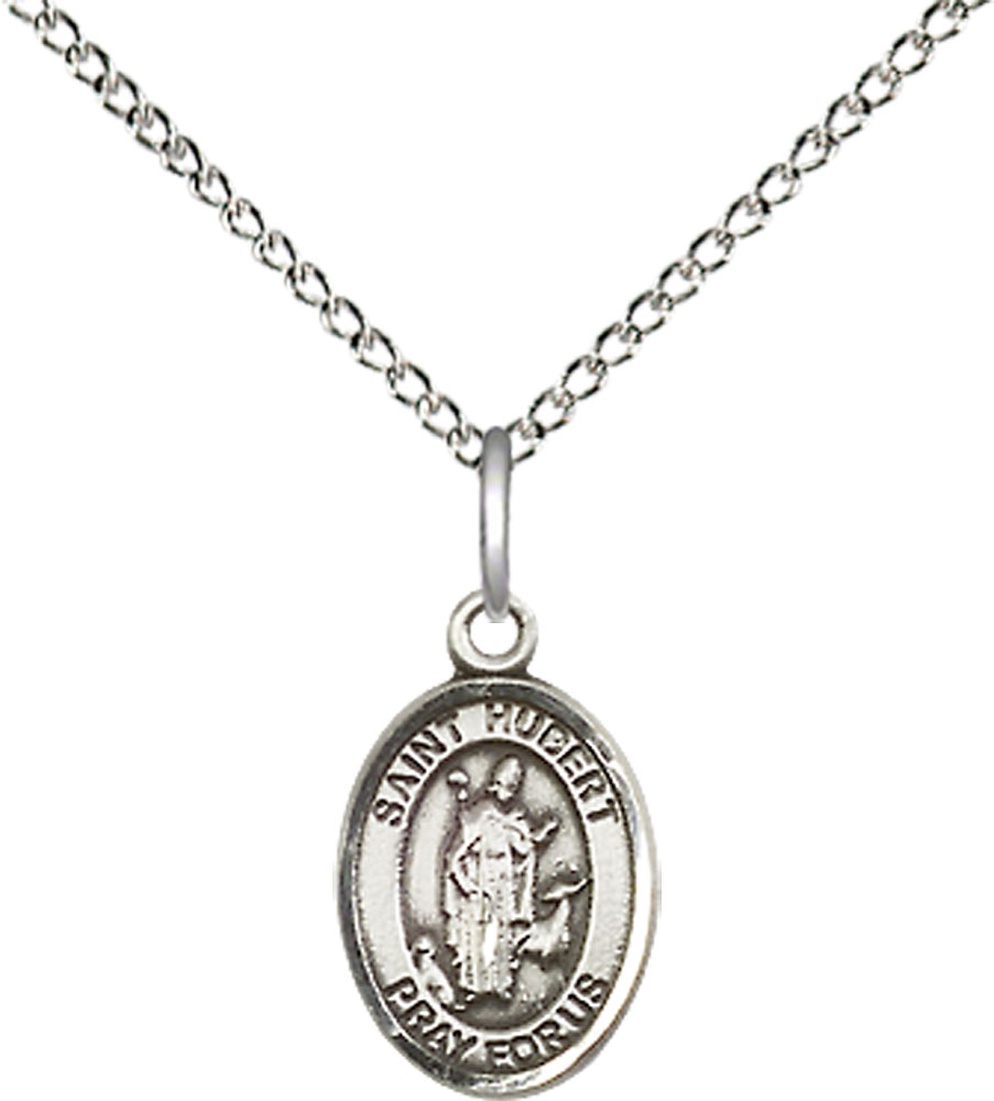 Sterling Silver Saint Hubert of Liege Pendant on a 18 inch Sterling Silver Light Curb chain