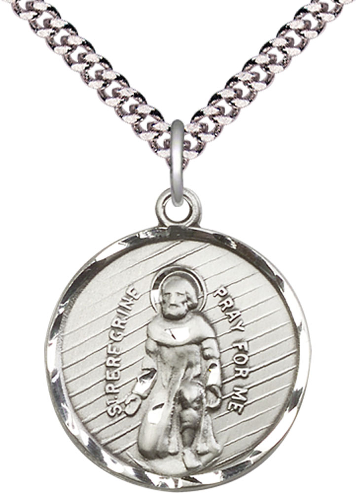 Sterling Silver Saint Perregrine Pendant on a 24 inch Light Rhodium Heavy Curb chain
