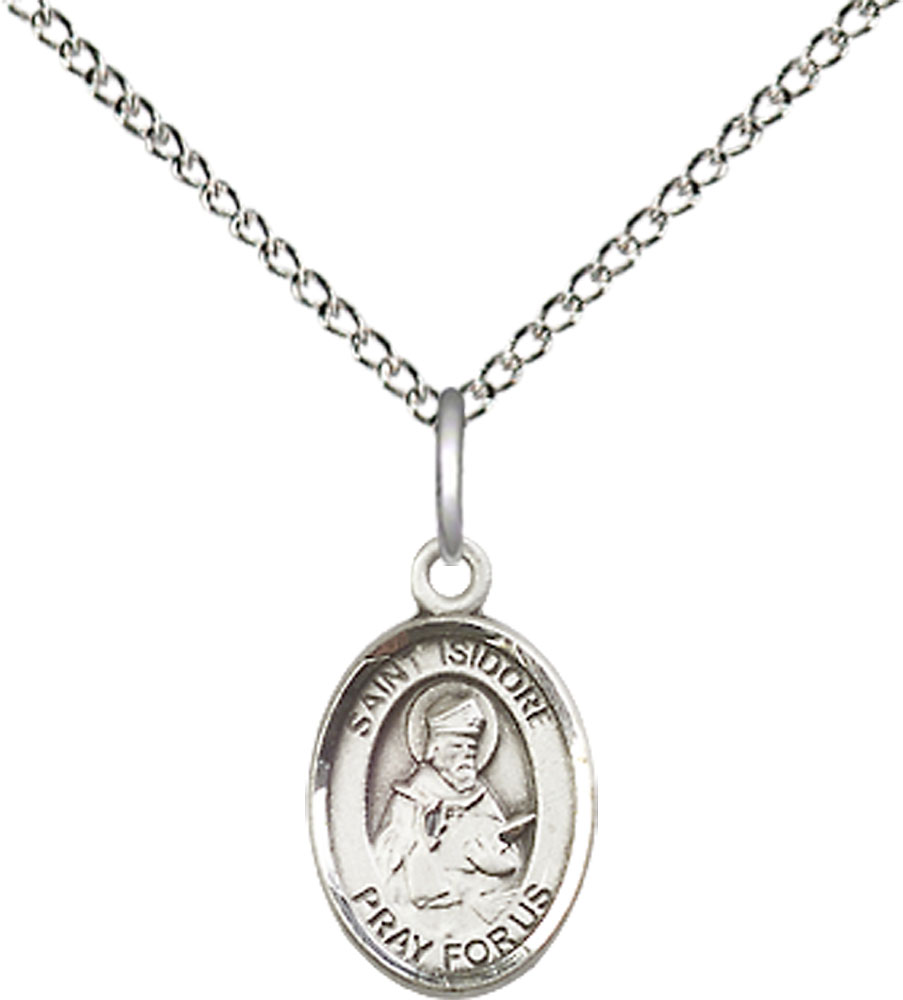 Sterling Silver Saint Isidore of Seville Pendant on a 18 inch Sterling Silver Light Curb chain
