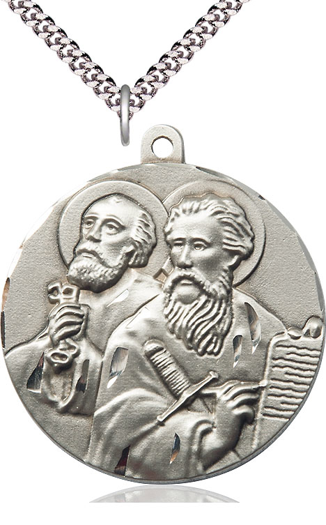 Sterling Silver Saint Peter St Paul Pendant on a 24 inch Light Rhodium Heavy Curb chain