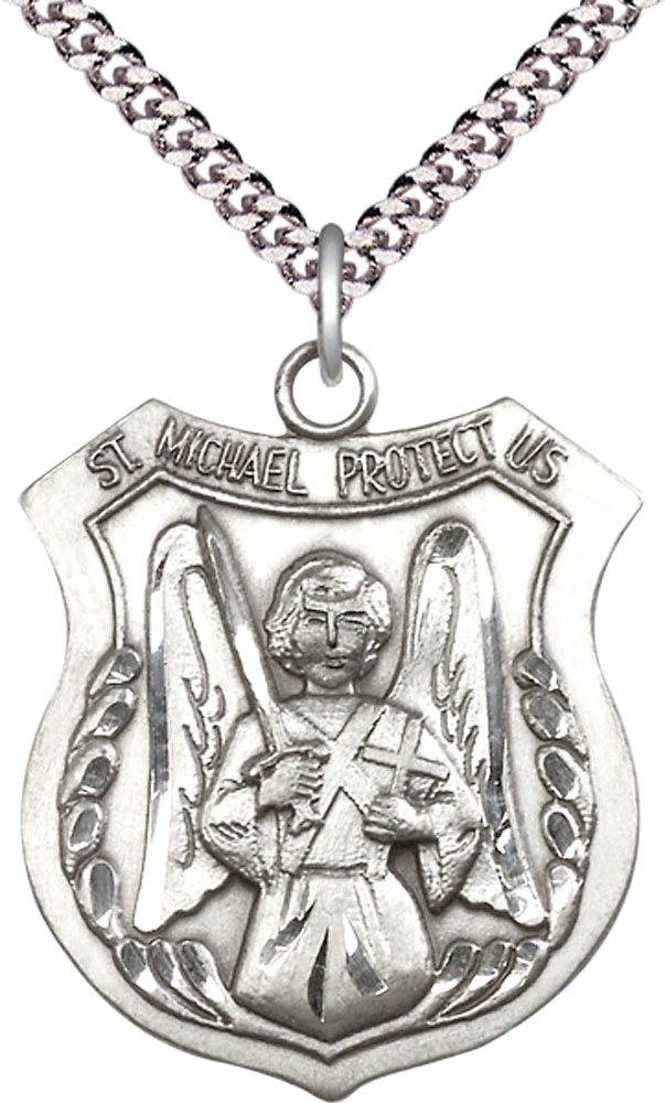 Sterling Silver Saint Michael the Archangel Pendant on a 24 inch Light Rhodium Heavy Curb chain