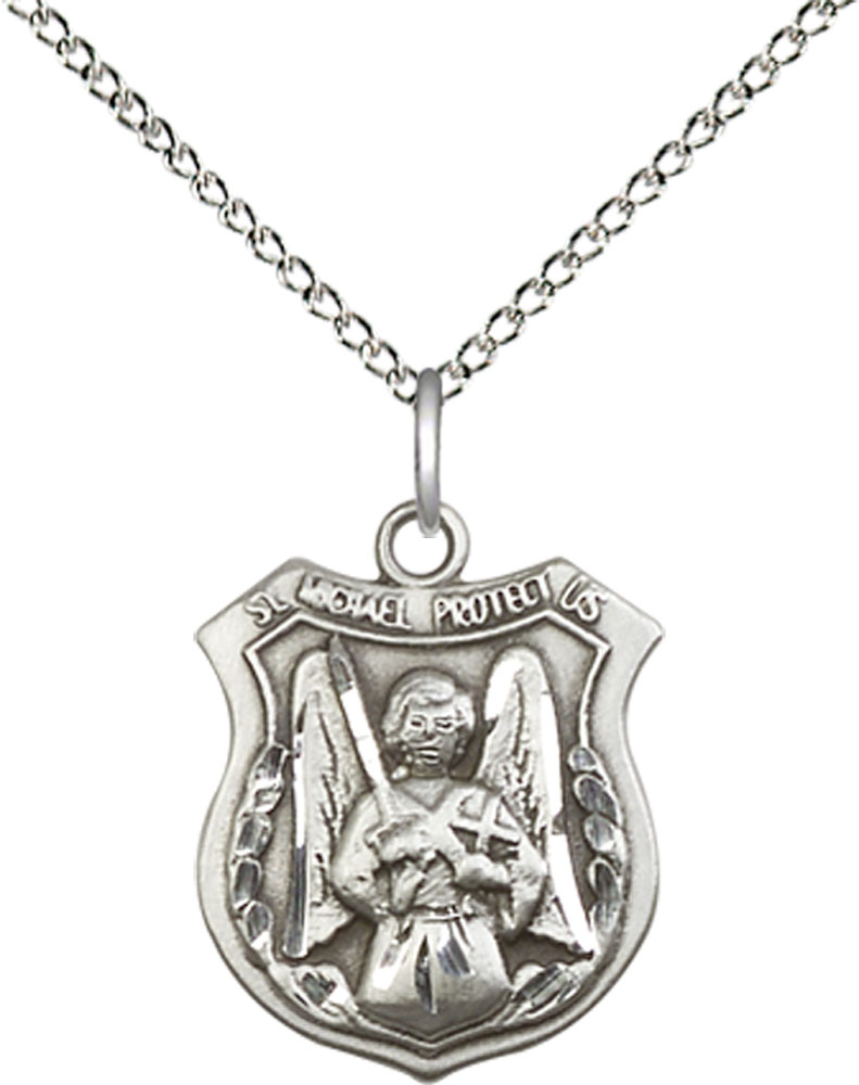 Sterling Silver Saint Michael the Archangel Pendant on a 18 inch Sterling Silver Light Curb chain