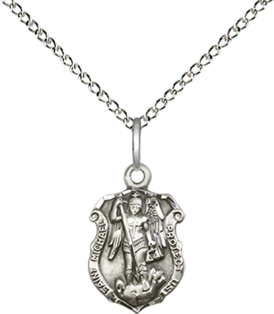 Sterling Silver Saint Michael the Archangel Shield Pendant on a 18 inch Sterling Silver Light Curb chain