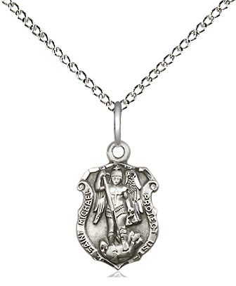 Sterling Silver Saint Michael the Archangel Shield Pendant on a 18 inch Sterling Silver Light Curb chain