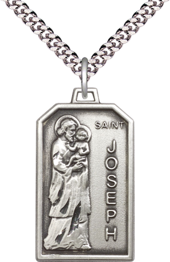 Sterling Silver Saint Jospeh Pendant on a 24 inch Light Rhodium Heavy Curb chain