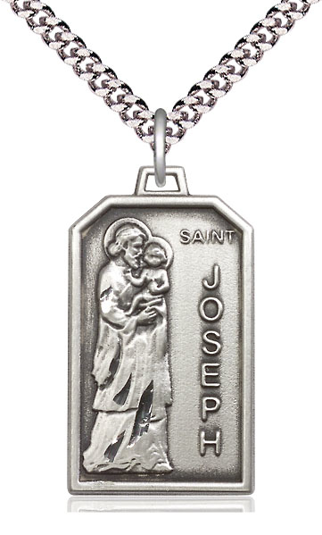 Sterling Silver Saint Jospeh Pendant on a 24 inch Light Rhodium Heavy Curb chain