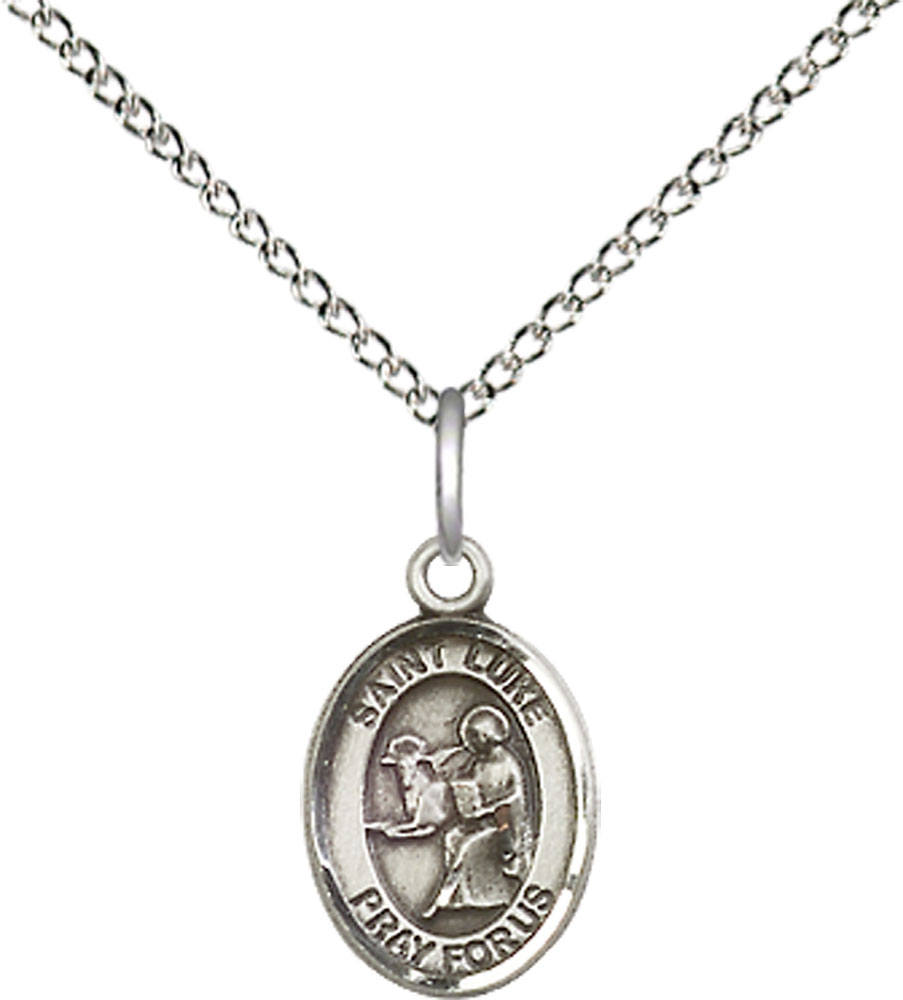Sterling Silver Saint Luke the Apostle Pendant on a 18 inch Sterling Silver Light Curb chain