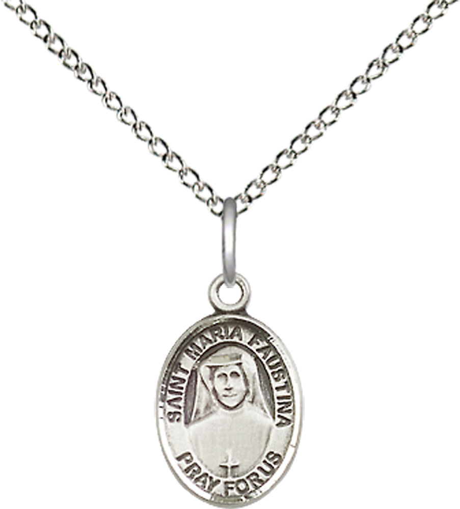 Sterling Silver Saint Maria Faustina Pendant on a 18 inch Sterling Silver Light Curb chain