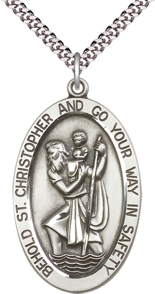 Sterling Silver Saint Christopher Pendant on a 24 inch Light Rhodium Heavy Curb chain