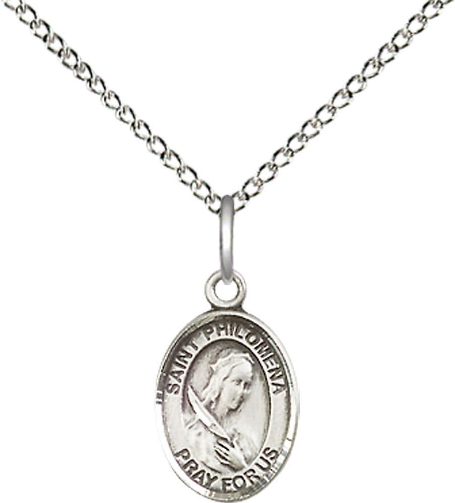 Sterling Silver Saint Philomena Pendant on a 18 inch Sterling Silver Light Curb chain