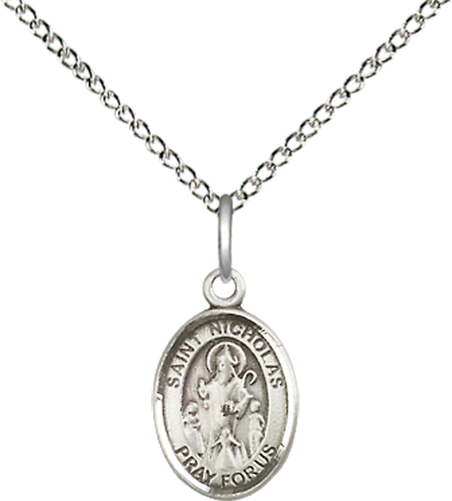 Sterling Silver Saint Nicholas Pendant on a 18 inch Sterling Silver Light Curb chain