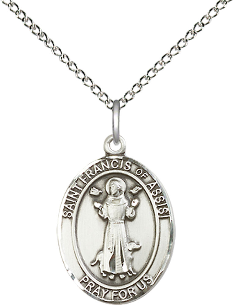 Sterling Silver Saint Francis of Assisi Pendant on a 18 inch Sterling Silver Light Curb chain